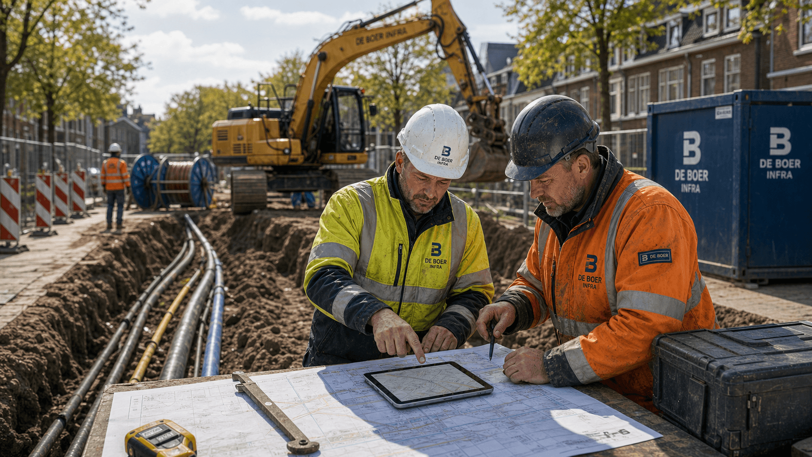 Vakmensen bespreken tekeningen op een werkplek