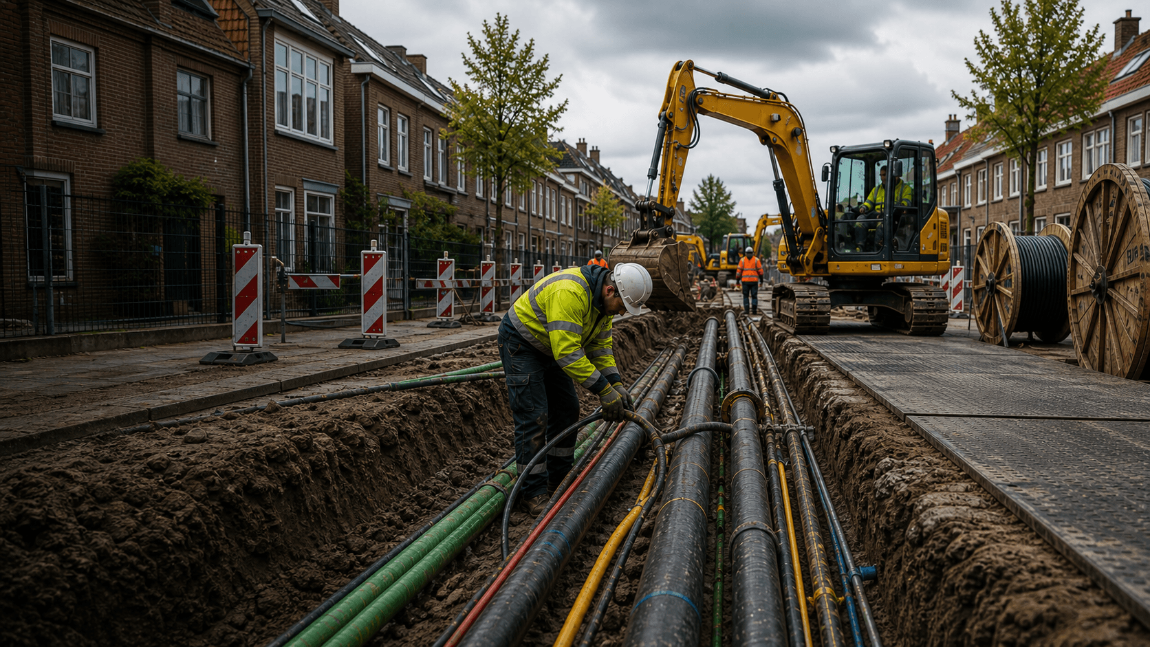 Werk aan kabels en leidingen in een woonstraat